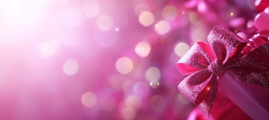 Leinwandbilder - A close-up of a pink gift box with a shiny bow, set against a soft, blurred background.