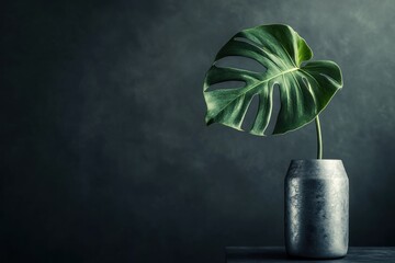 Poster - A solitary monstera leaf in a metallic vase against a dark background.