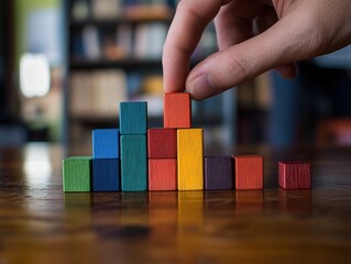 Poster - A hand arranges colorful wooden blocks into a bar graph-like structure on a wooden table.