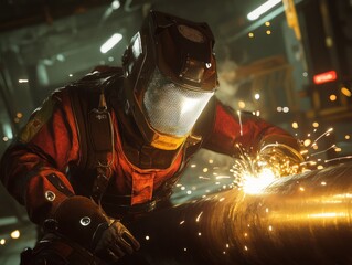 Poster - A worker in protective gear welds a metal pipe, creating sparks in an industrial setting.