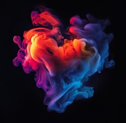 Poster - Abstract heart-shaped vibrant colorful smoke cloud on black background.