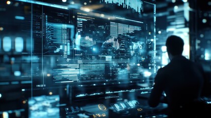 Fototapete - A person analyzing data on a futuristic digital interface with graphs and statistics.