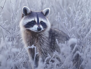Poster - A raccoon stands amidst frosty vegetation in a winter landscape.