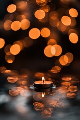 Poster - A lit candle floating on water with blurred warm lights in the background.