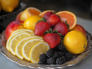 Poster - A vibrant assortment of fruits arranged on a silver platter, showcasing freshness and color.