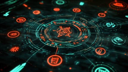 Poster - A futuristic digital interface featuring symbols and icons in red and blue hues.