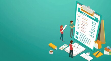 Poster - Team members reviewing a checklist with a clipboard and documents in a workspace.