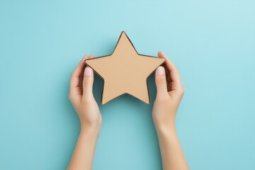 Aufkleber - A person holding a star-shaped object against a light blue background.