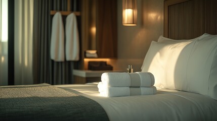 Poster - A cozy hotel room with neatly arranged towels on a bed, emphasizing comfort and relaxation.