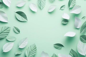 Poster - A serene arrangement of green and white leaves on a mint background, creating a calming aesthetic.