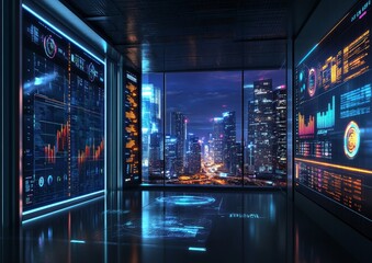 Poster - Futuristic control room with city view & holographic displays showing data analytics.