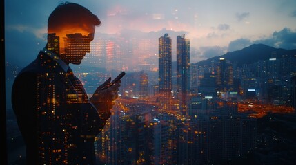 Fototapete - A silhouette of a man in a suit using a phone, with a cityscape overlay at dusk.