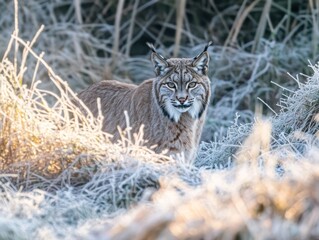 Poster - A lynx sits among frosty grasses, showcasing its striking features in a winter landscape.