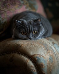 Poster - A gray cat resting on a decorative couch, showcasing its striking yellow eyes.