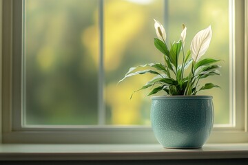 Poster - A serene indoor scene featuring a potted plant on a windowsill with a soft, blurred background.