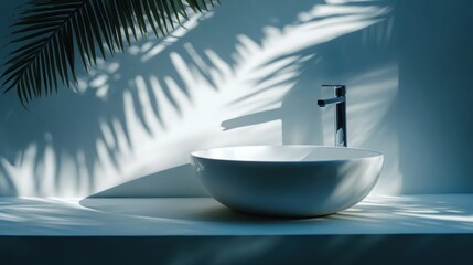 Fototapete - A modern, minimalist bathroom sink with soft shadows cast by palm leaves.