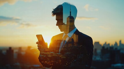 Poster - A silhouette of a man in a suit, checking his phone against a city skyline at sunset.
