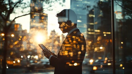 Fototapete - A silhouette of a businessman using a smartphone against a sunset cityscape.