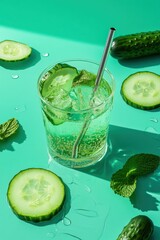 Poster - A refreshing cucumber drink with mint, served in a glass on a vibrant turquoise background.