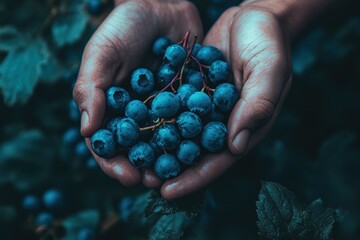 Poster - A pair of hands holds a cluster of blue berries amidst lush greenery.