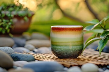Poster - A colorful ceramic cup resting on pebbles, surrounded by greenery and bamboo mat.