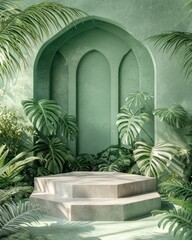 Aufkleber - A serene green space featuring an archway and a stone platform surrounded by lush plants.