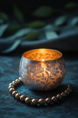 Poster - A lit candle in a decorative holder surrounded by beads, creating a serene atmosphere.
