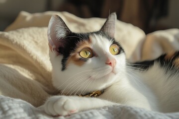 Poster - A calico cat lounging comfortably in soft light, gazing thoughtfully.