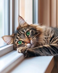Poster - A cat with striking green eyes rests on a windowsill, gazing out thoughtfully.