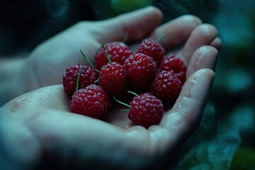 Poster - A close-up of hands holding fresh, wet raspberries in a natural setting.