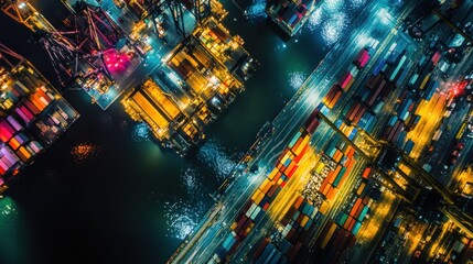 Poster - Aerial view of a busy shipping port illuminated at night with containers and cranes.