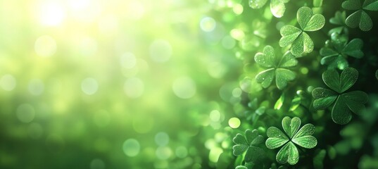 Poster - A close-up view of lush green clovers with soft light and bokeh effect.