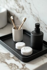 Poster - A minimalist bathroom setup featuring toothbrushes, a soap dispenser, and decorative soaps.