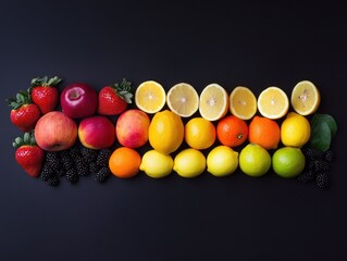 Poster - A colorful arrangement of various fruits on a dark background, showcasing their vibrant hues.