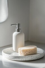 Leinwandbilder - A minimalist bathroom scene featuring a soap dispenser and a natural sponge on a tray.