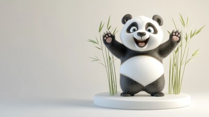 Aufkleber - A cheerful cartoon panda stands on a platform surrounded by bamboo, exuding joy and playfulness.