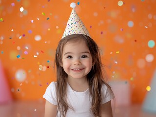 Poster - A joyful girl wearing a party hat, celebrating with confetti in a festive atmosphere.