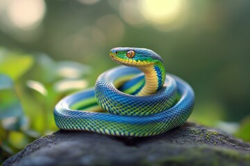 Poster - A vibrant blue and green snake coiled on a rock, surrounded by a natural setting.