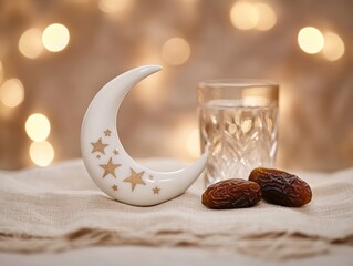 Aufkleber - A crescent moon decoration beside a glass of water and dates, creating a serene ambiance.