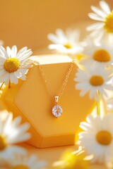 Leinwandbilder - A delicate necklace featuring a sparkling pendant, surrounded by cheerful daisies on a vibrant background.