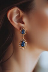 Poster - A close-up of a woman's ear adorned with elegant blue gemstone earrings.