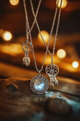 Poster - Three silver necklaces with intricate designs and a glowing background.