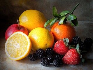Poster - A colorful arrangement of fresh fruits including apples, lemons, oranges, strawberries, and blackberries.