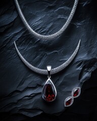 Poster - Elegant jewelry featuring a silver necklace and earrings with red gemstones.