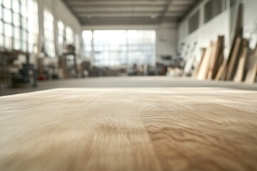 Aufkleber - A wooden surface in a spacious workshop with natural light and various materials in the background.