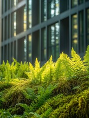 Poster - Lush ferns illuminated by sunlight near a modern building.