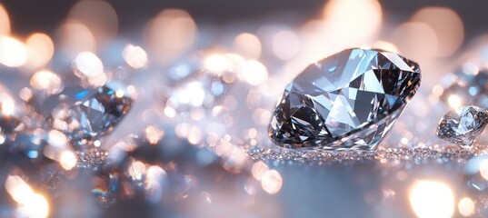 Poster - A close-up view of sparkling diamonds on a reflective surface, showcasing their brilliance.