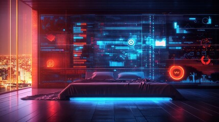 Aufkleber - Futuristic bedroom with digital interface and city view at night.
