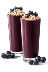 Poster - Two tall glasses of blueberry smoothie topped with oats and fresh blueberries.