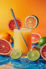 Poster - A refreshing citrus drink surrounded by vibrant fruits and ice.